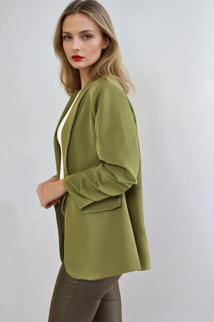 Khaki Blazer with Ruched Sleeves