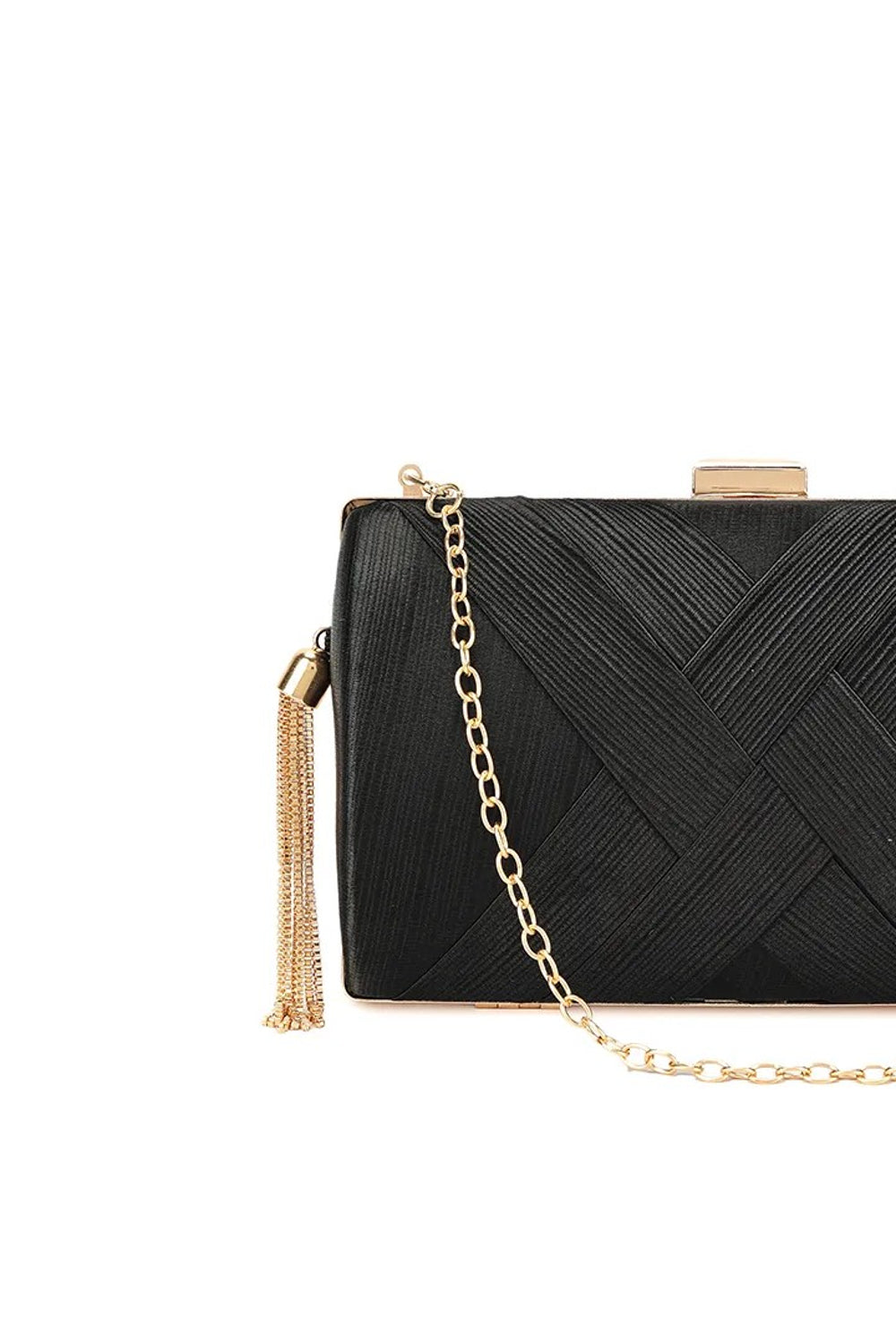 Black Satin Clutch Bag with Tassels
