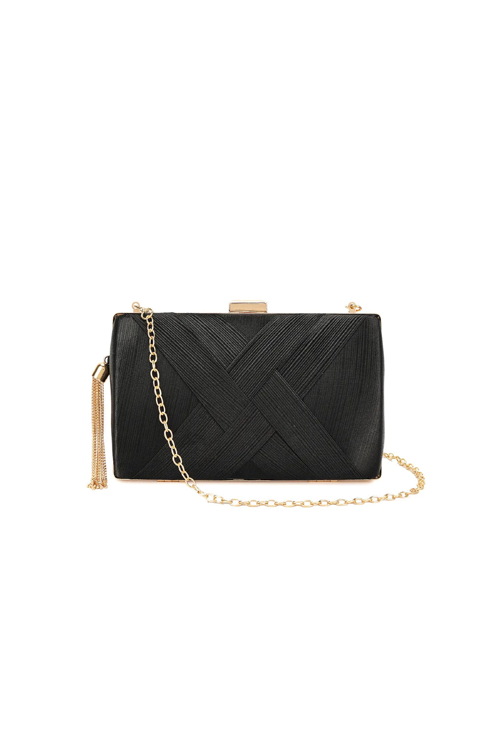 Black Satin Clutch Bag with Tassels