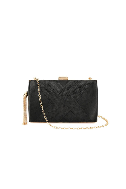 Black Satin Clutch Bag with Tassels