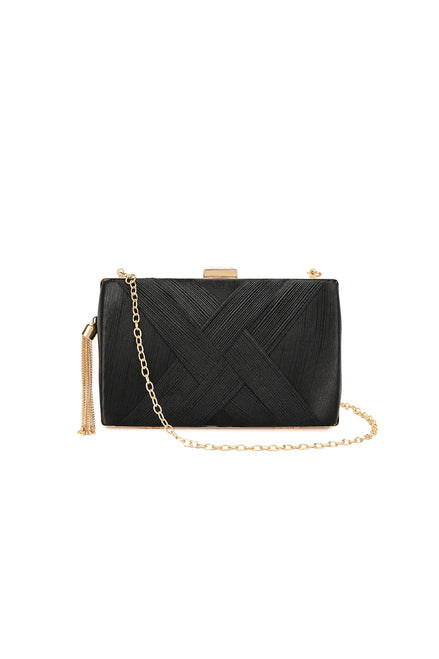 Black Satin Clutch Bag with Tassels