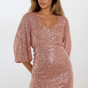 Bronze Sequin V Neck Mini Dress