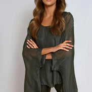 Charcoal Silk Batwing Sleeve Round Neck Blouse