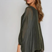 Charcoal Silk Batwing Sleeve Round Neck Blouse