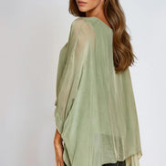 Khaki Silk Batwing Sleeve Round Neck Blouse
