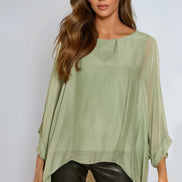 Khaki Silk Batwing Sleeve Round Neck Blouse