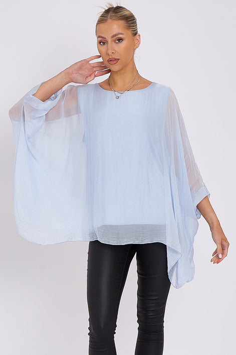 Light Blue Silk Batwing Sleeve Top