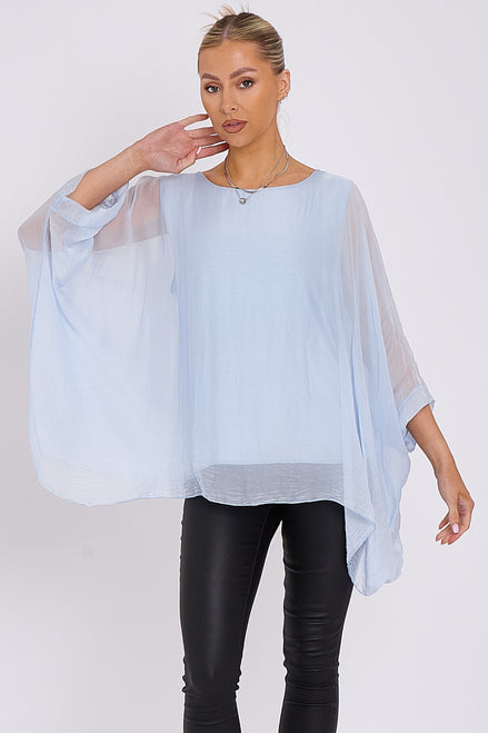 Light Blue Silk Batwing Sleeve Top