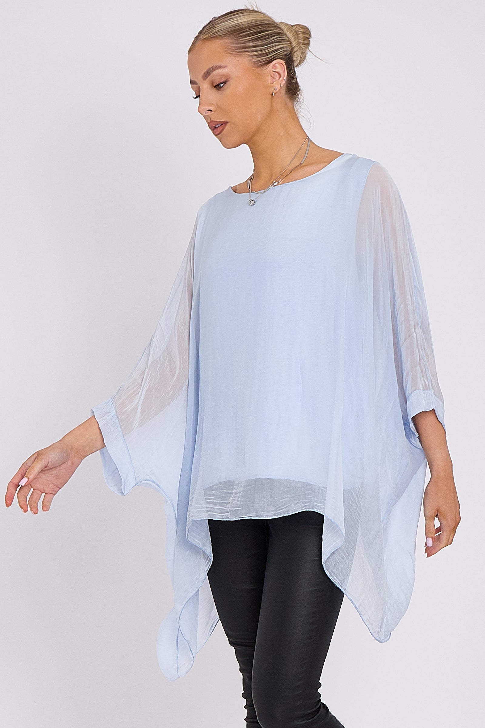 Light Blue Silk Batwing Sleeve Top