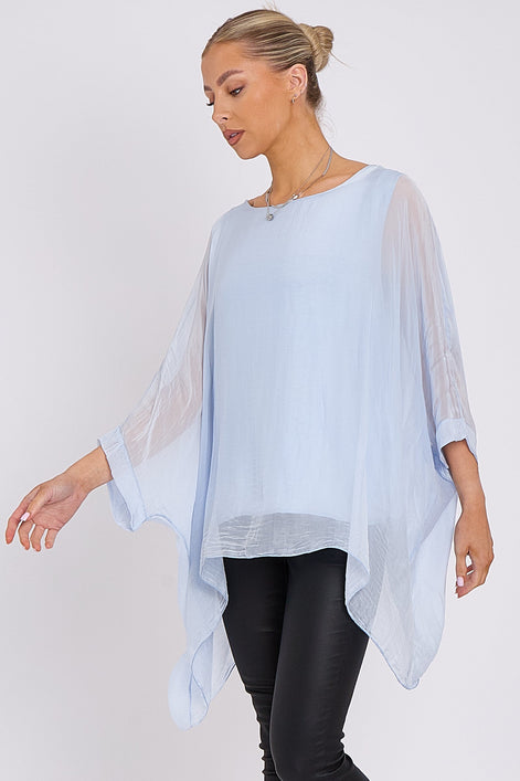 Light Blue Silk Batwing Sleeve Top