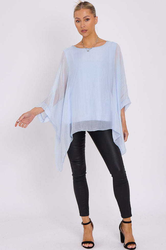 Light Blue Silk Batwing Sleeve Top