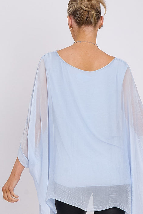 Light Blue Silk Batwing Sleeve Top