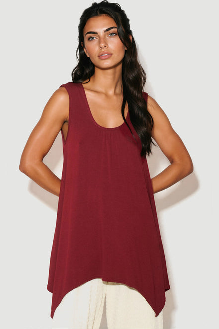Wine Sleeveless Top with Asymmetric Hem