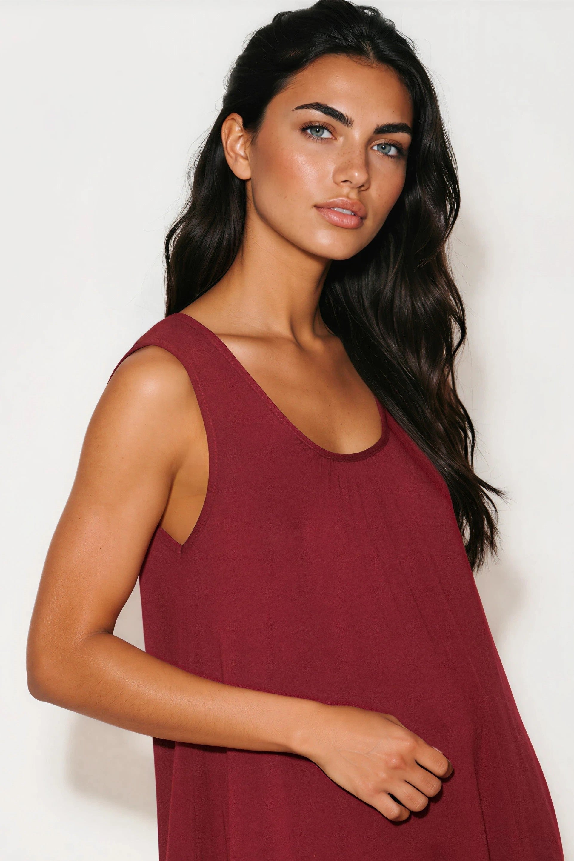 Wine Sleeveless Top with Asymmetric Hem