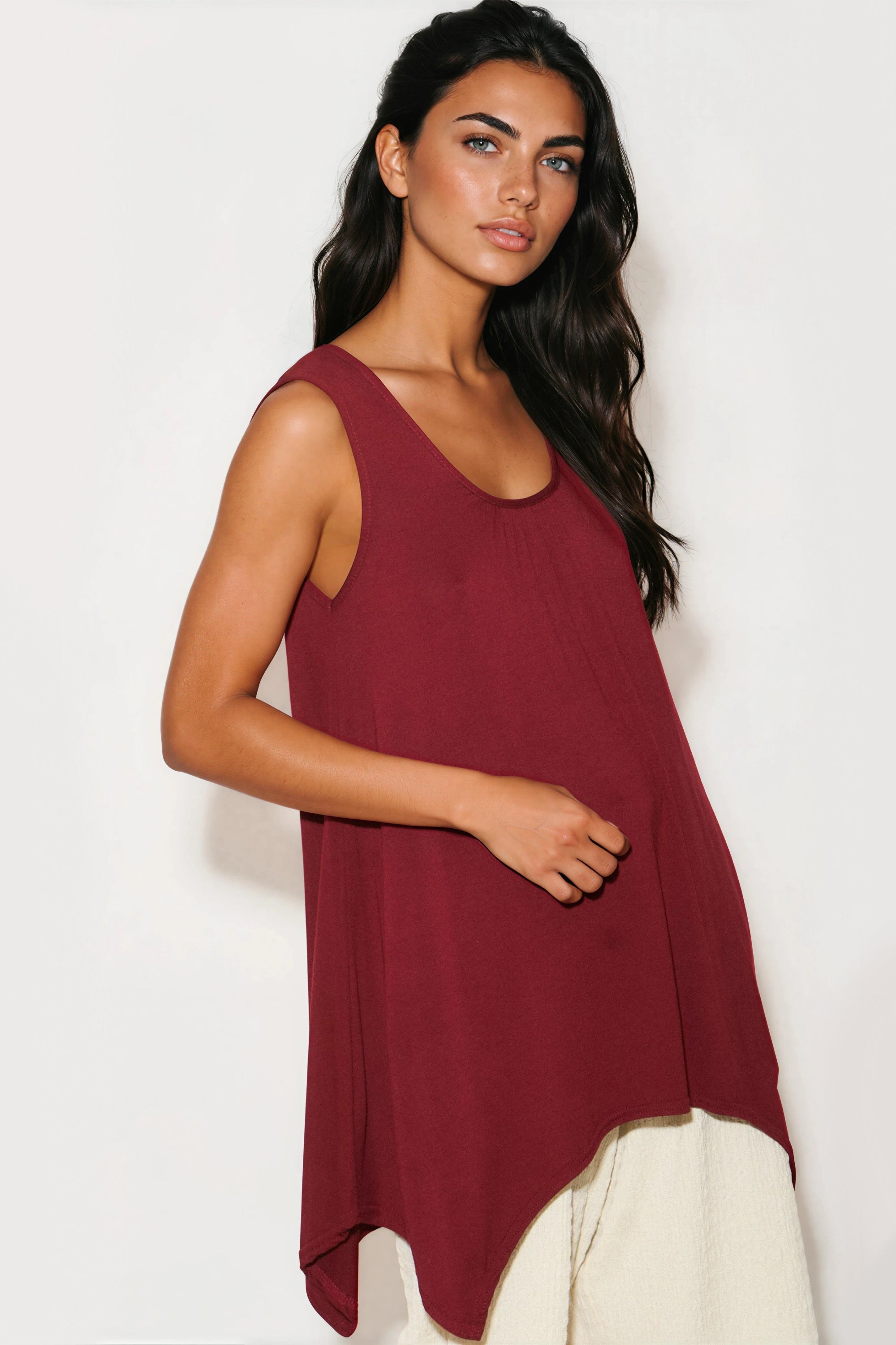 Wine Sleeveless Top with Asymmetric Hem
