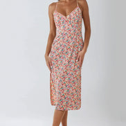 Pink Floral Strappy Midi Dress with Ties