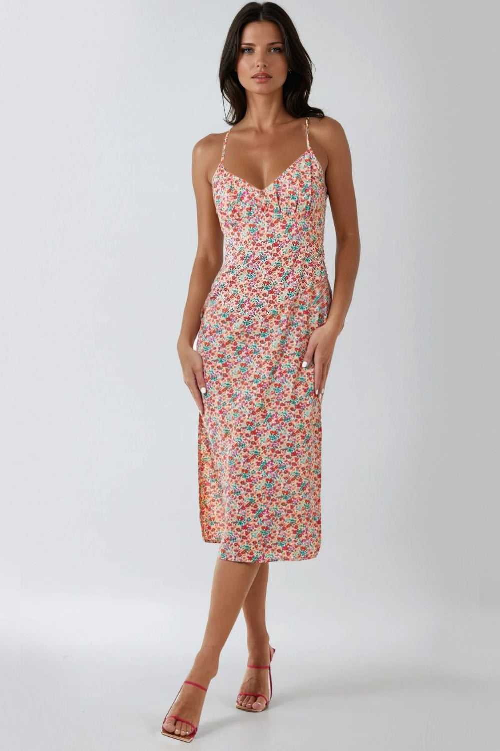Pink Floral Strappy Midi Dress with Ties