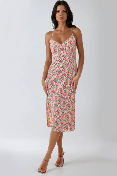 Pink Floral Strappy Midi Dress with Ties