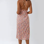 Pink Floral Strappy Midi Dress with Ties