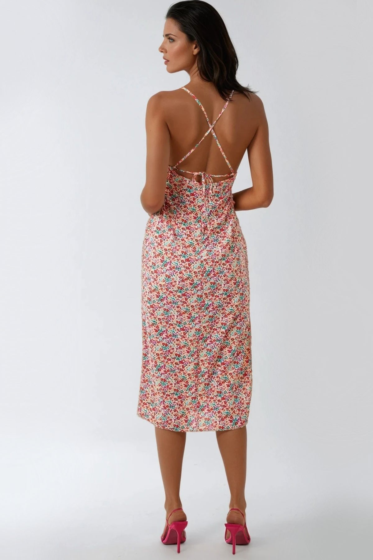 Pink Floral Strappy Midi Dress with Ties