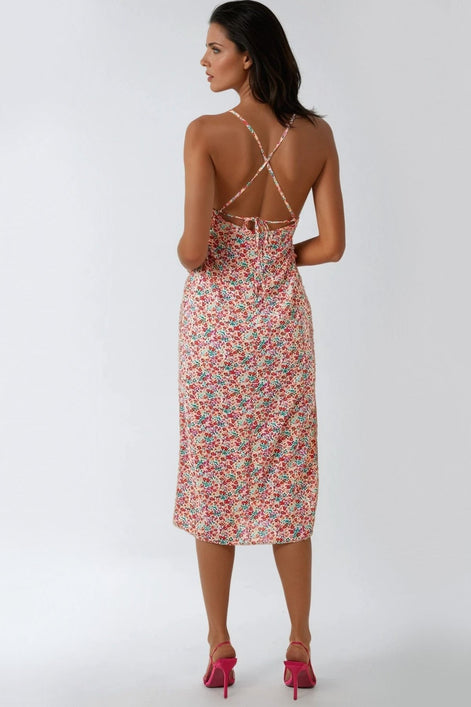 Pink Floral Strappy Midi Dress with Ties