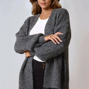 Charcoal Wool Blend Balloon Sleeve Knitted Cardigan
