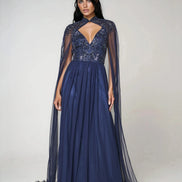 Navy Embellished Strappy Maxi Evening Dress with Detachable Cape