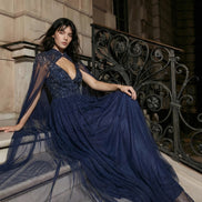 Navy Embellished Strappy Maxi Evening Dress with Detachable Cape