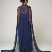 Navy Embellished Strappy Maxi Evening Dress with Detachable Cape