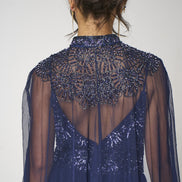 Navy Embellished Strappy Maxi Evening Dress with Detachable Cape