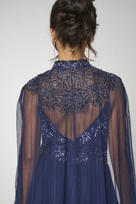 Navy Embellished Strappy Maxi Evening Dress with Detachable Cape