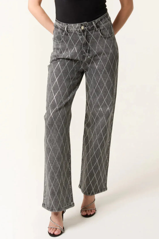 Black Wash Diamond Embellished Straight Leg Jeans