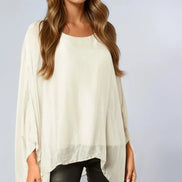 Beige Silk Batwing Sleeve Blouse