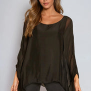 Black Silk Batwing Sleeve Round Neck Blouse