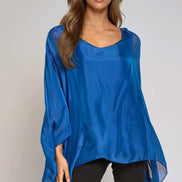 Royal Blue Silk Batwing Sleeve Round Neck Blouse