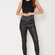 Black Wet Look Leggings with Front Zip