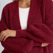 Wine Wool Blend Balloon Sleeve Knitted Cardigan