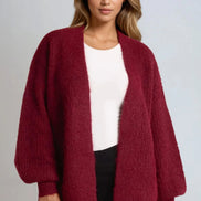 Wine Wool Blend Balloon Sleeve Knitted Cardigan