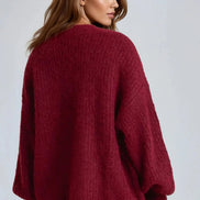 Wine Wool Blend Balloon Sleeve Knitted Cardigan