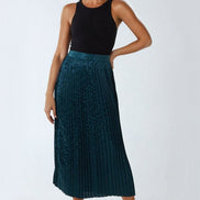 Green Leopard Print Pleated Midi Skirt