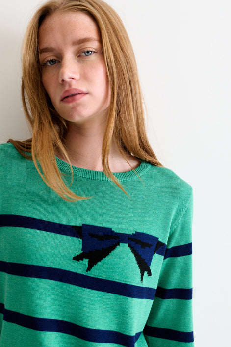 Bly Bow Intarsia Striped Jumper - Navy