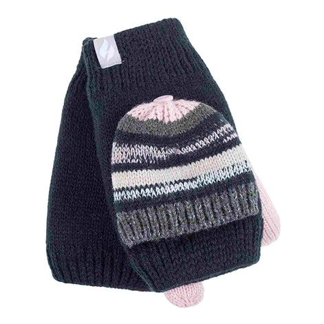 Ladies Striped Fleece Lined Thermal Knitted Converter Mitten Gloves
