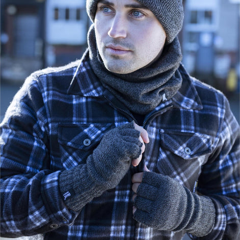 Mens Warm 3.2 TOG Fleece Lined Winter Thermal Fingerless Gloves in Khaki & Navy