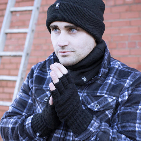 Mens Warm 3.2 TOG Fleece Lined Winter Thermal Fingerless Gloves in Khaki & Navy