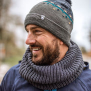 Mens Thin Patterned Knit Fleece Lined Pom Pom Hat for Winter