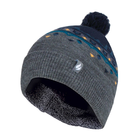 Mens Thin Patterned Knit Fleece Lined Pom Pom Hat for Winter