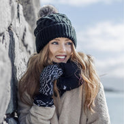 Ladies Knitted Turnover Cuffed Pom Pom Beanie Hat with Bobble