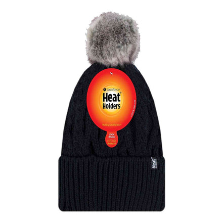 Ladies Knitted Turnover Cuffed Pom Pom Beanie Hat with Bobble
