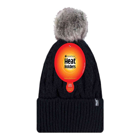 Ladies Knitted Turnover Cuffed Pom Pom Beanie Hat with Bobble