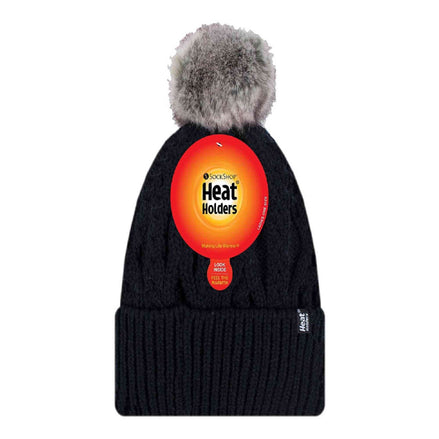 Ladies Knitted Turnover Cuffed Pom Pom Beanie Hat with Bobble